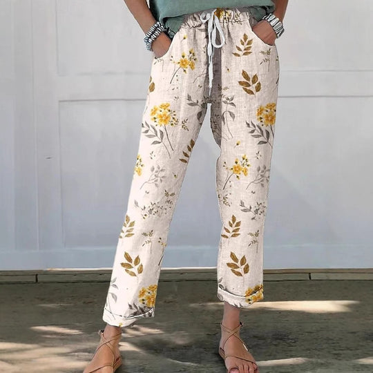 Damen Leinenoptik-Hose mit floralem Print, weitem Bein und Tunnelzug Shop Nory
