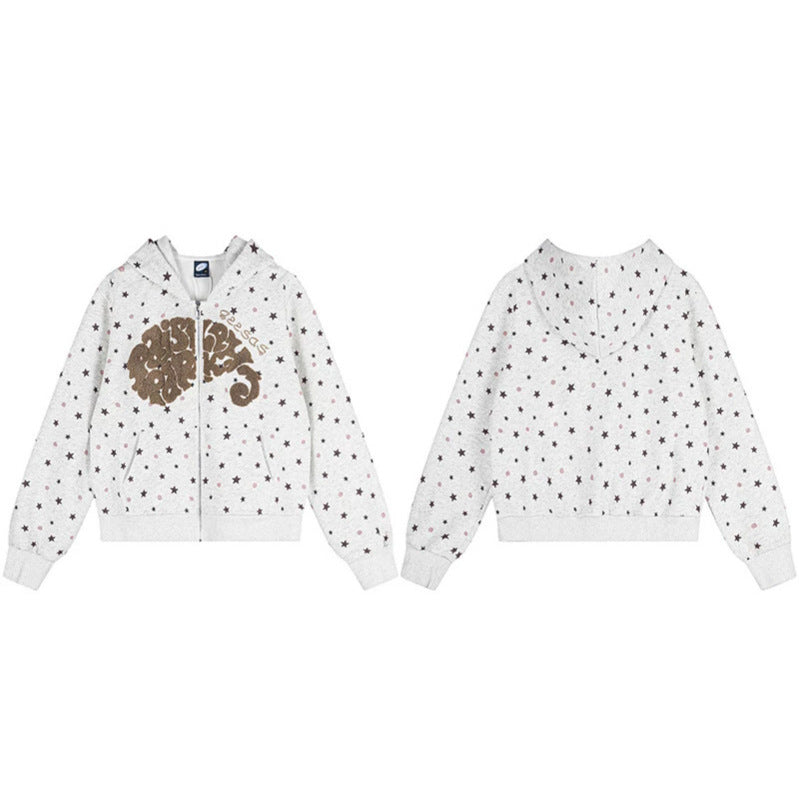 Damen Kapuzen-Sweatjacke mit Sternen‑Allover, Struktur-French-Terry und funkelnder Frontapplikation Shop Nory