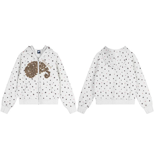 Damen Kapuzen-Sweatjacke mit Sternen‑Allover, Struktur-French-Terry und funkelnder Frontapplikation Shop Nory
