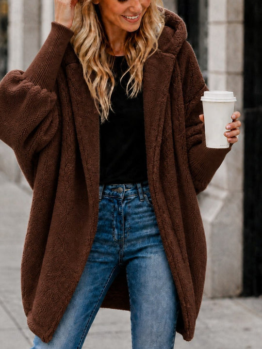 Damen Oversized Sherpa-Kapuzenmantel mit offenem Saum und Rippenbündchen Shop Nory