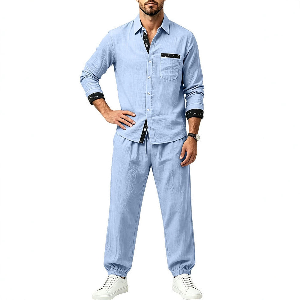 Herren Leichter Baumwoll-Loungewear-Zweiteiler mit Hemd und Kordel-Jogger Shop Nory