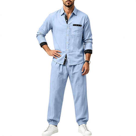 Herren Leichter Baumwoll-Loungewear-Zweiteiler mit Hemd und Kordel-Jogger Shop Nory