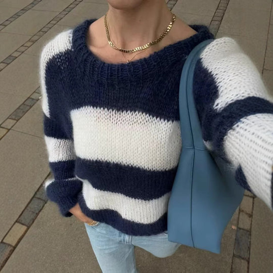 Damen Oversize-Strickpullover mit breiten Blockstreifen und Rundhalsausschnitt Shop Nory