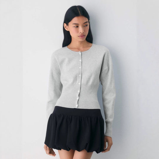 Damen Cropped Strickjacke mit Knopfleiste und Rippstrick