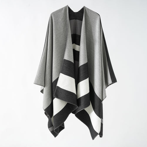 Damen Oversize-Ruana im Cape‑Stil aus Wolloptik mit geometrischen Blockstreifen Shop Nory
