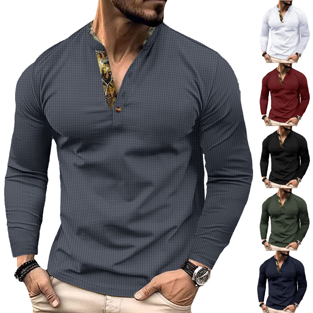 Herren nan langärmeliges Henley-Shirt mit Stehkragen und gemustertem Knopfleistenbesatz Shop Nory