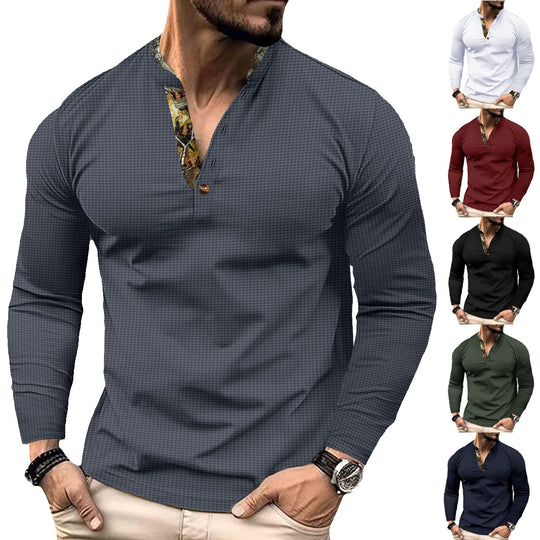 Herren nan langärmeliges Henley-Shirt mit Stehkragen und gemustertem Knopfleistenbesatz Shop Nory