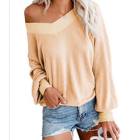 Damen Off‑Shoulder Waffelstrickpullover mit weitem Arm und elastischen Bündchen Shop Nory