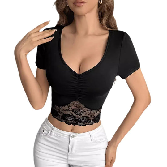 Damen nan kurzes figurbetontes Crop-Top mit gerafftem V-Ausschnitt und transparenter Spitzenborte