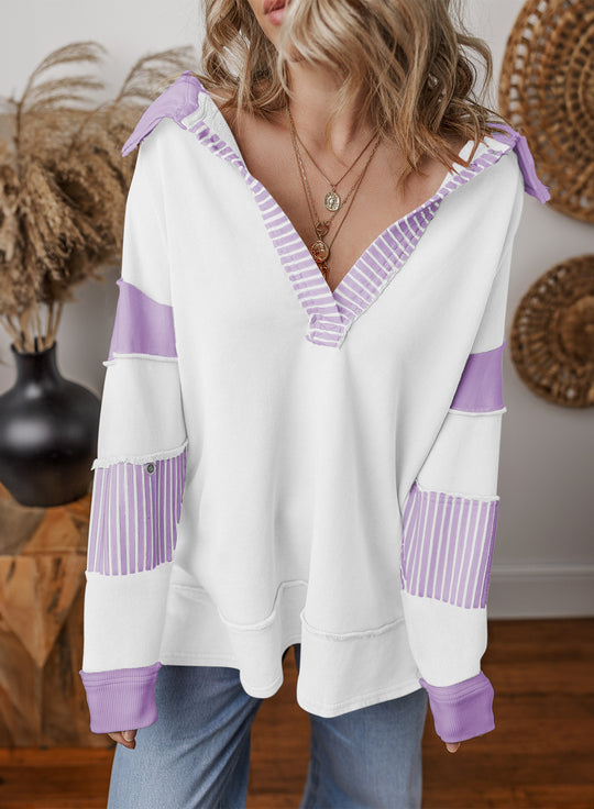 Damen Oversize Sweatshirt mit V-Ausschnitt, gestreiften Ärmelaufsätzen und Kontrastdetails Shop Nory