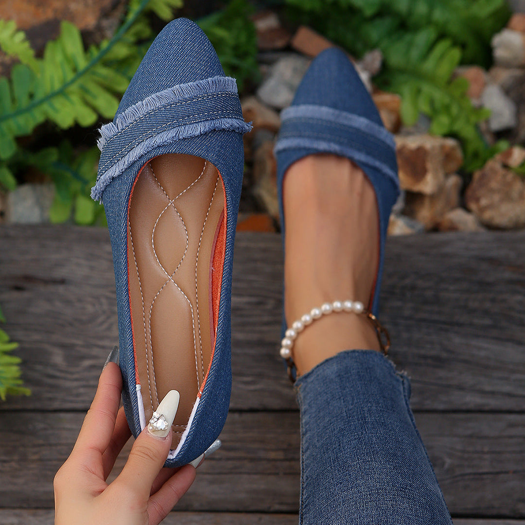 Damen elegante Ballerinas aus Denim mit Fransendetail