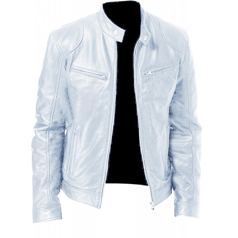 Herren schlanke Echtleder-Bikerjacke mit Stehkragen, zwei Brust-Reißverschlusstaschen und geradliniger Silhouette Shop Nory