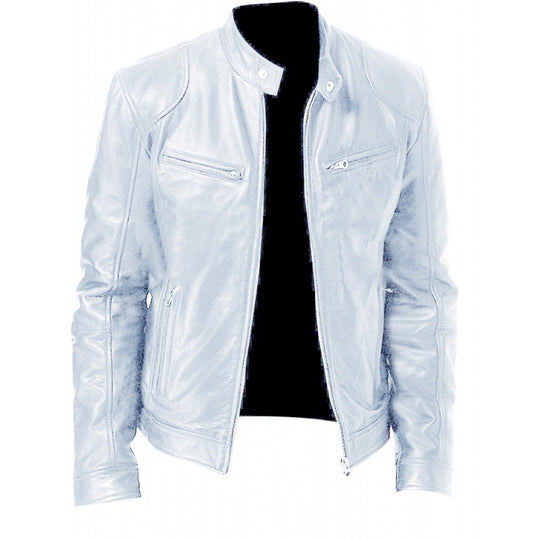 Herren schlanke Echtleder-Bikerjacke mit Stehkragen, zwei Brust-Reißverschlusstaschen und geradliniger Silhouette Shop Nory