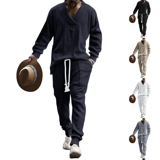 Herren nan grobes Strick-Loungewear-Set mit tiefem V‑Ausschnitt, Kordelzughose und Rippbündchen Shop Nory
