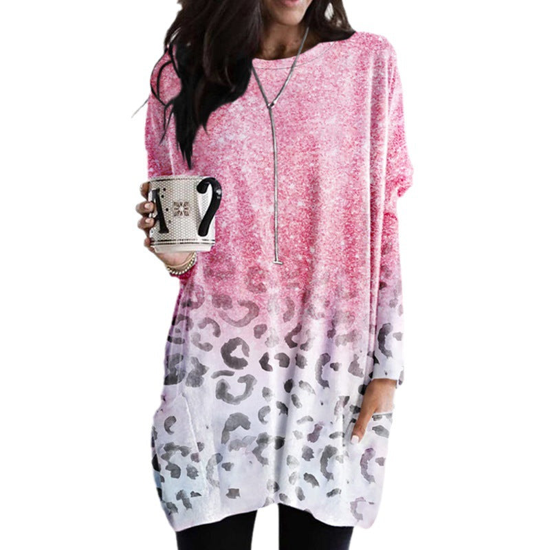Damen Oversize Longshirt-Tunika mit Ombre-Leopardenprint und Eingrifftaschen Shop Nory