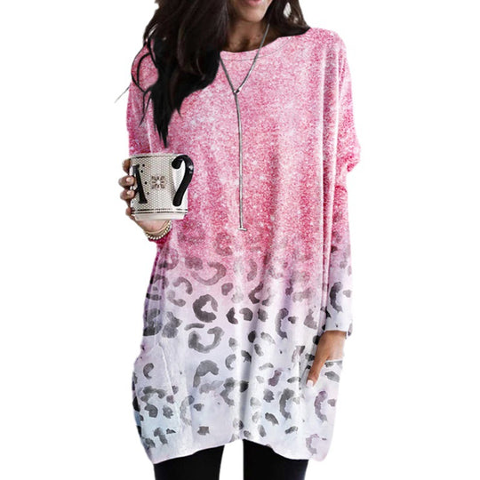 Damen Oversize Longshirt-Tunika mit Ombre-Leopardenprint und Eingrifftaschen Shop Nory