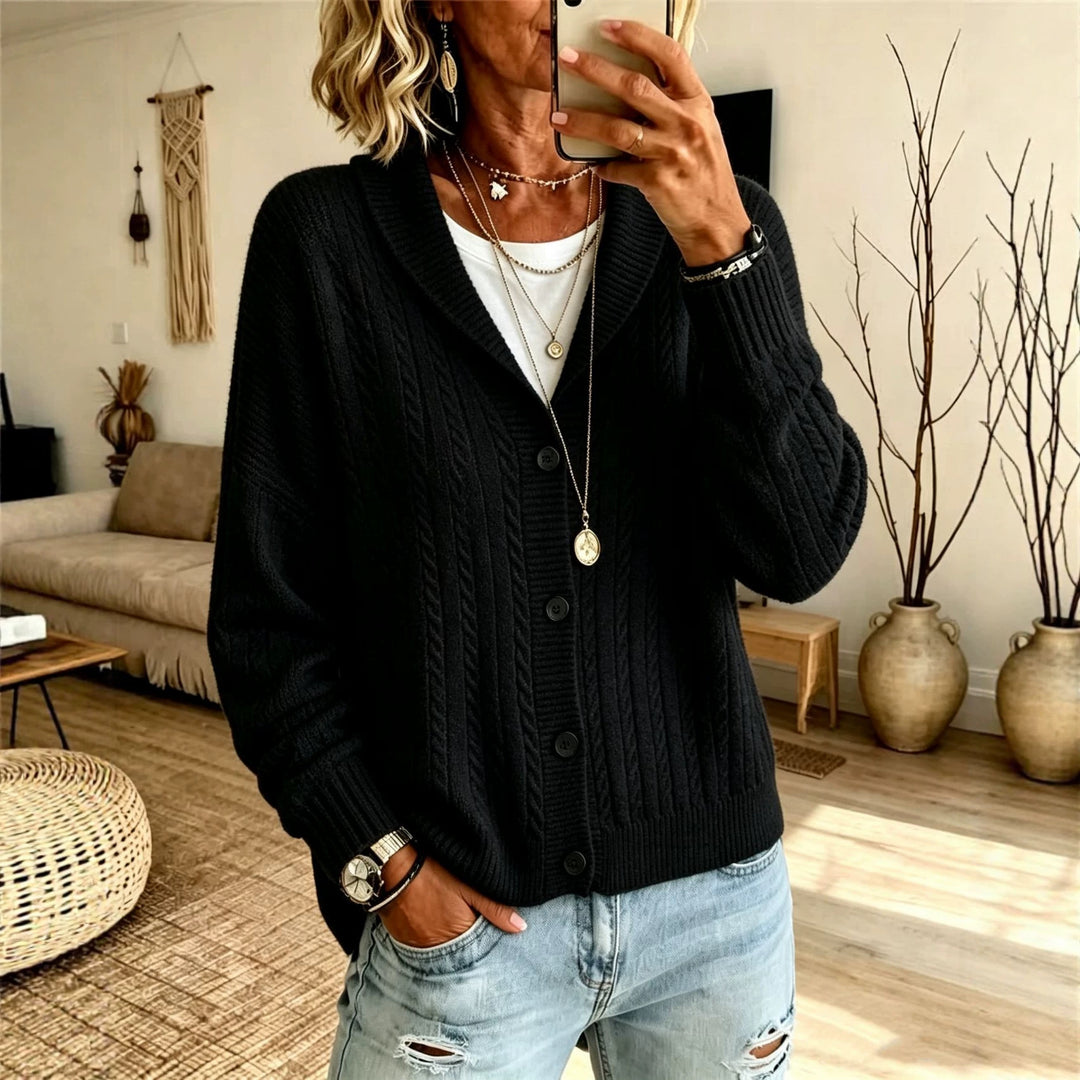 Damen Langer Schalkragen-Cardigan aus Zopfmuster mit gerippten Bündchen Shop Nory