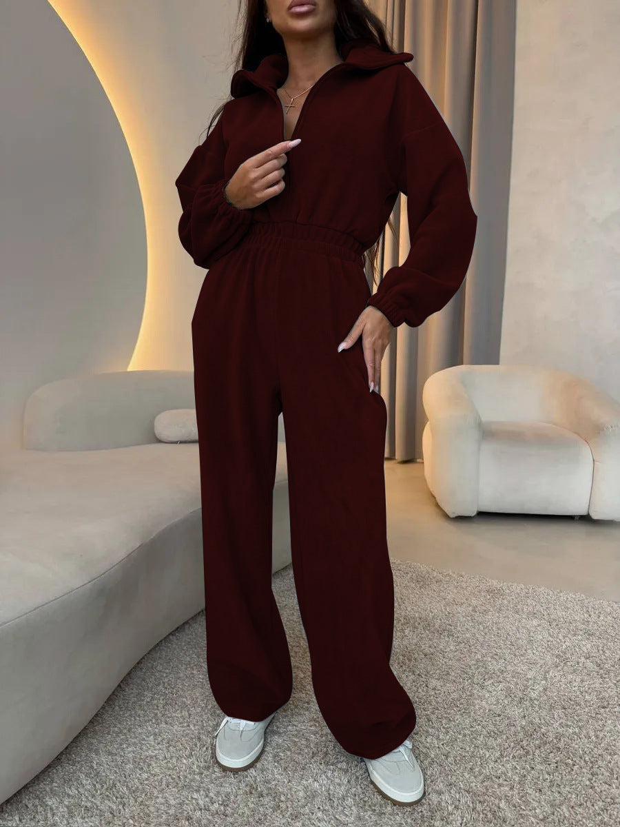 Damen Oversized Loungewear-Jumpsuit mit halbem Reißverschluss und elastischer Taillenraffung Shop Nory
