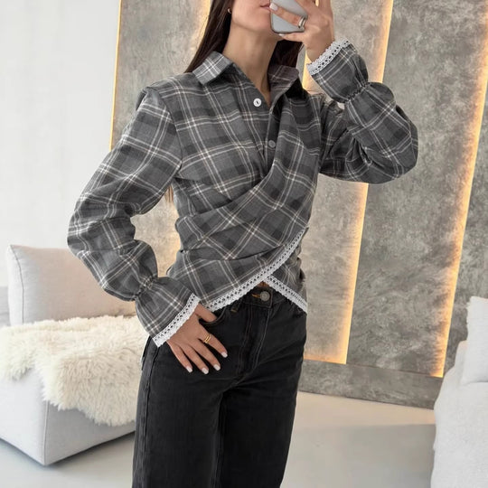 Damen kariertes Hemd mit Spitzenbesatz und asymmetrischem Wickel-Saum Shop Nory