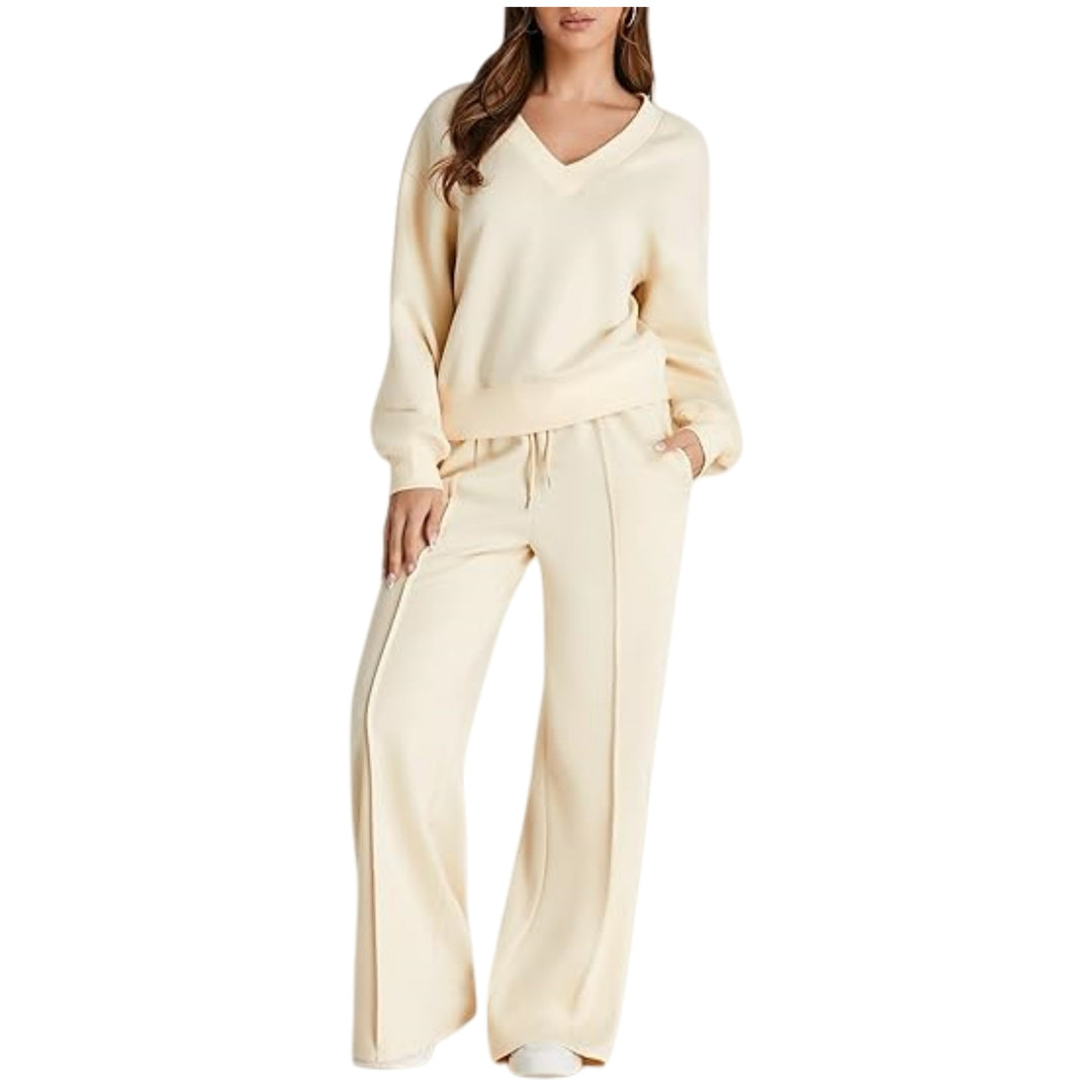 Damen Lässiges V-Ausschnitt Freizeit-Set mit weiter Jogginghose Shop Nory