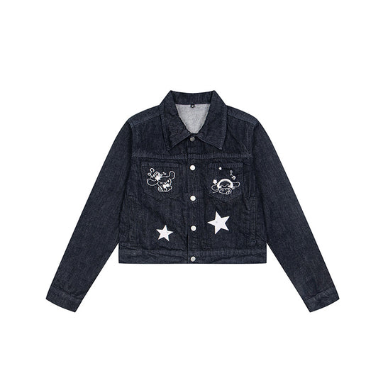 Damen Kurz geschnittene Jeansjacke mit Stern‑Applikationen und Cartoon‑Stickereien Shop Nory