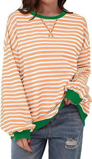 Damen Lässiges Oversize-Streifen-Sweatshirt mit Raglanärmeln und Kontrastbündchen Shop Nory
