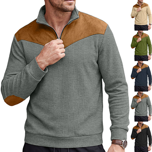 Herren Strickpullover mit Troyerkragen, Rippenstruktur und Ellbogen-Patches Shop Nory