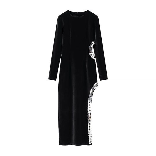Damen Samt-Maxikleid mit seitlichem Pailletten-Detail Shop Nory