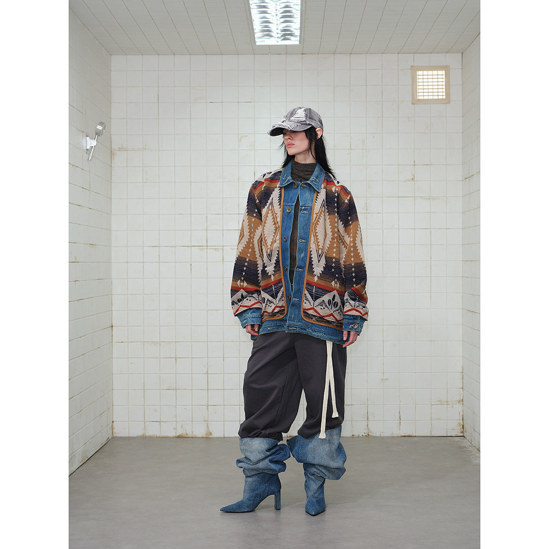 Unisex Weit geschnittene Jacquard-Linerjacke mit Denim-Besatz und grafischem Ethno-Muster Shop Nory