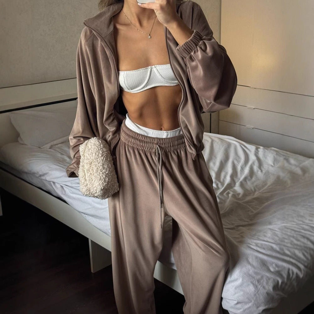 Damen lässiges Lounge-Zweiteiler Set mit Oversize Zipjacke und weitem Bundhose Shop Nory