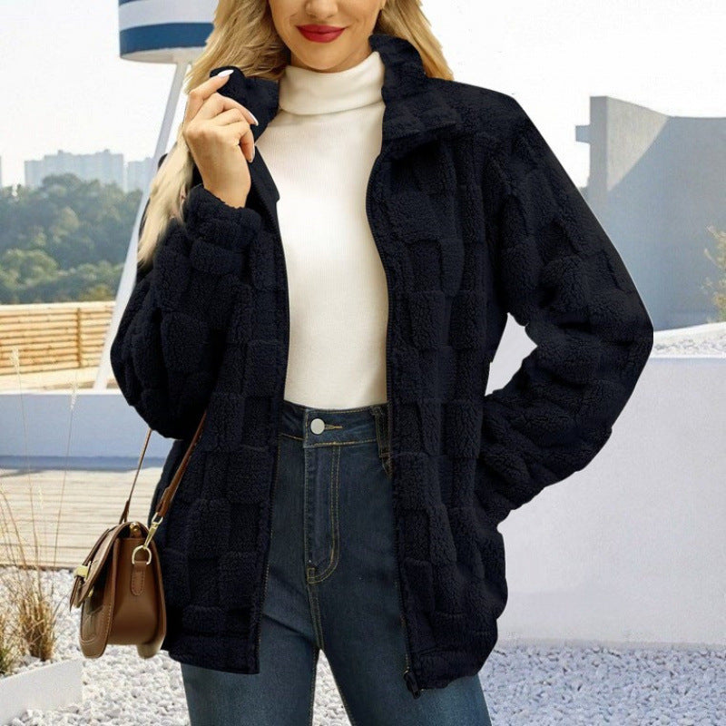 Damen Teddyjacke mit Karo-Struktur, Stehkragen und Reißverschluss Shop Nory