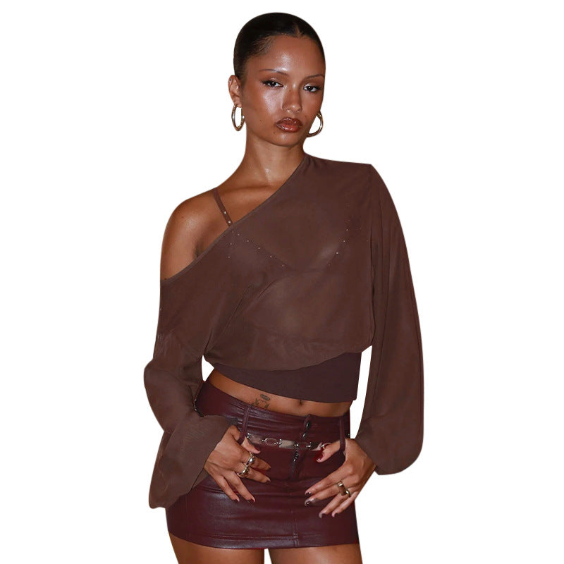 Damen Transparente schulterfreie Mesh-Cropped-Bluse mit elastischem Taillenbund Shop Nory