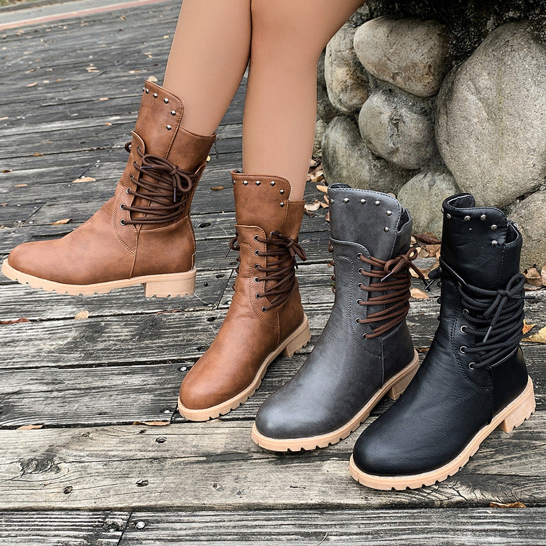 Damen Lederstiefel mit Schnürung und Nieten