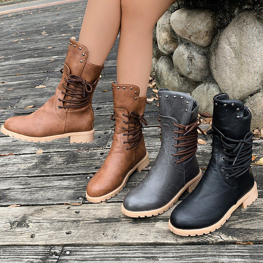 Damen Lederstiefel mit Schnürung und Nieten