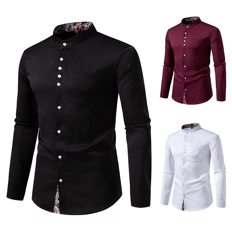 Herren Langarm Hemd mit modernem Stehkragen und Paisleymuster