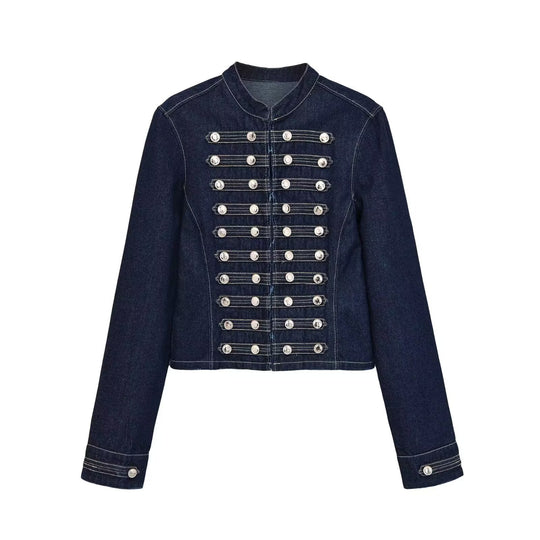 Damen Jeansjacke im Militärstil mit Stehkragen und dekorativen Zierknopfleisten Shop Nory