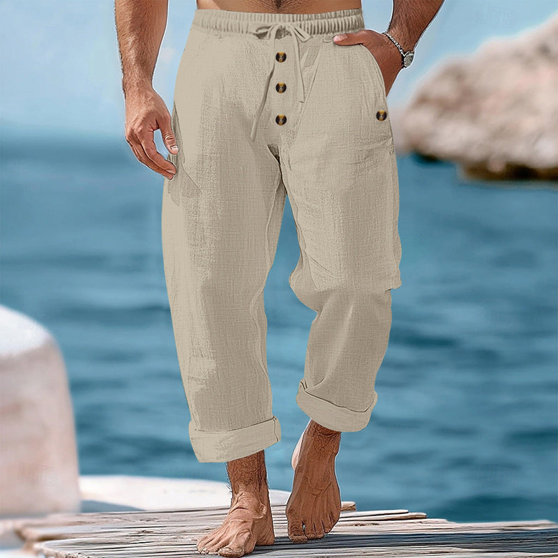 Herren nan lockere Leinen-Baumwoll-Hose mit elastischem Bund, Kordelzug und aufgekrempeltem Saum
