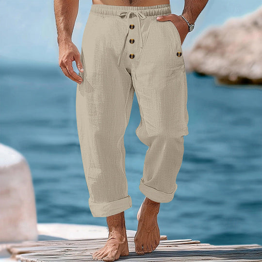 Herren nan lockere Leinen-Baumwoll-Hose mit elastischem Bund, Kordelzug und aufgekrempeltem Saum
