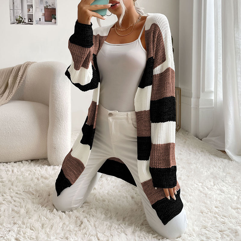 Damen Langer Oversize-Strickcardigan mit Blockstreifen und offener Front Shop Nory