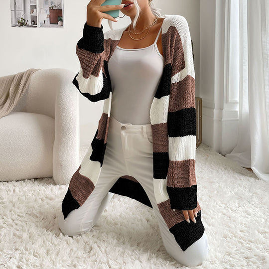 Damen Langer Oversize-Strickcardigan mit Blockstreifen und offener Front Shop Nory