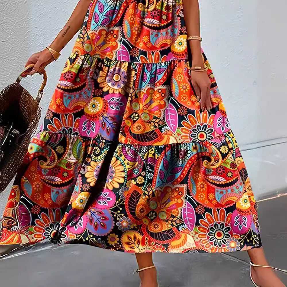Damen Maxikleid mit buntem Blumenmuster und elegantem V-Ausschnitt