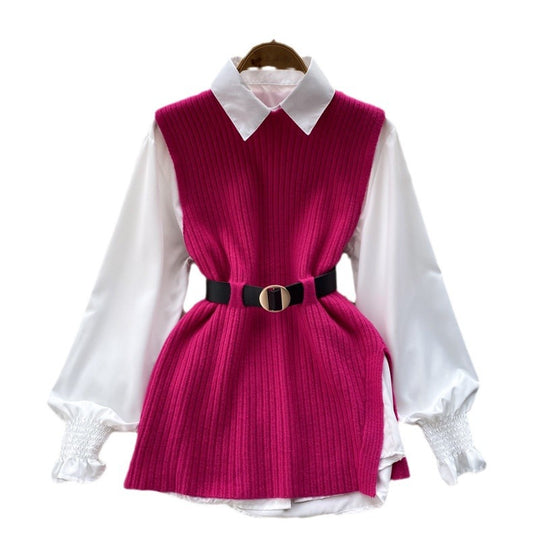 Damen Lagenlook-Bluse mit Rippstrick-Überwurf und Taillengürtel Shop Nory