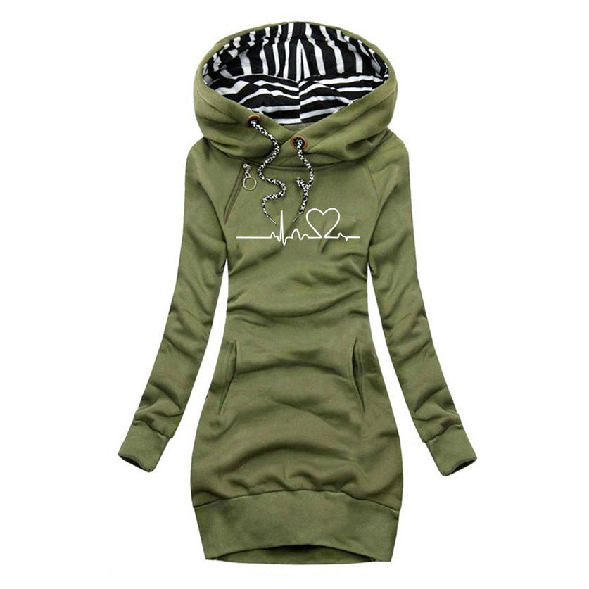 Damen Kapuzen-Sweatkleid mit gestreiftem Kapuzenfutter, Kängurutasche und Herz-EKG-Druck Shop Nory