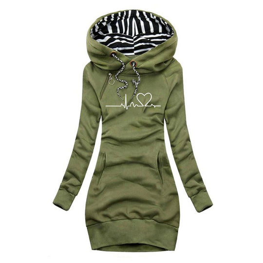 Damen Kapuzen-Sweatkleid mit gestreiftem Kapuzenfutter, Kängurutasche und Herz-EKG-Druck Shop Nory