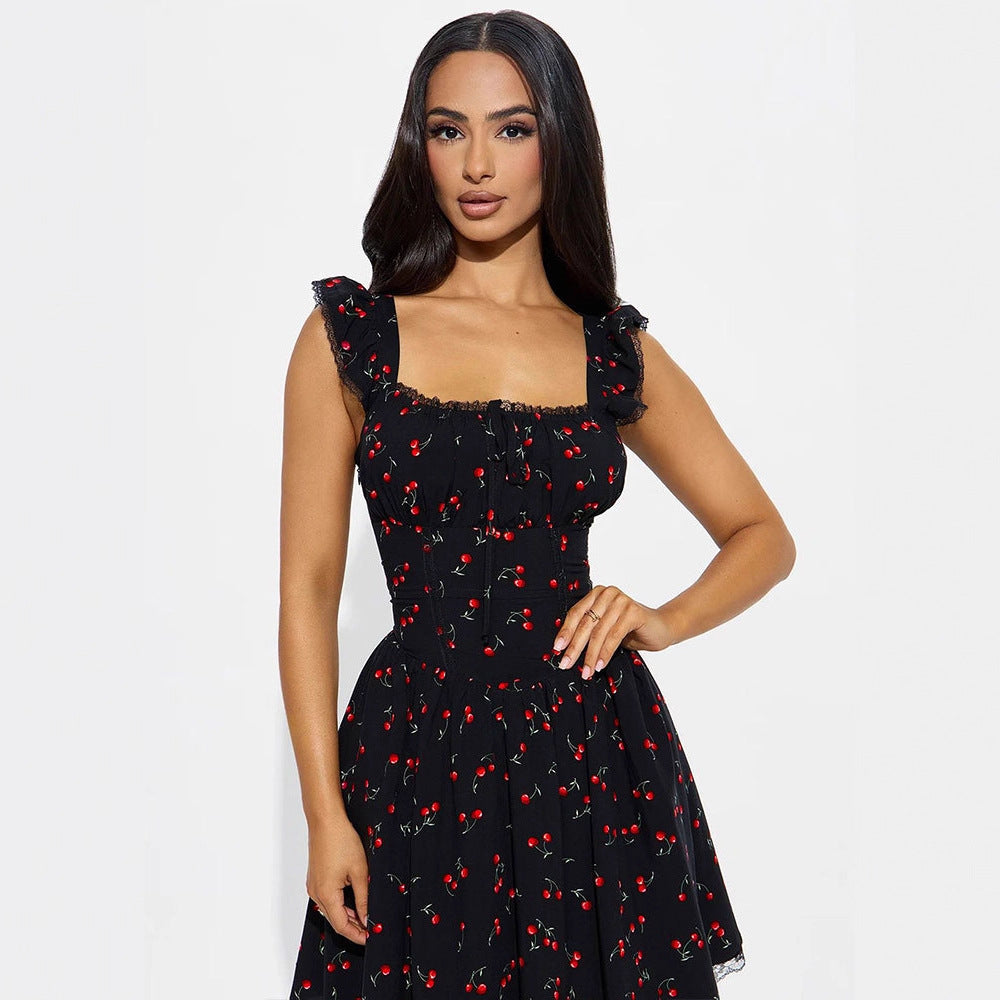Damen Sommerkleid mit verspieltem Kirschmuster und Spitzenakzenten Shopnory