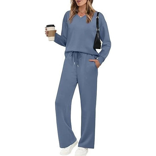 Damen Lässiges Lounge-Set mit V-Ausschnitt-Sweatshirt und weiten Tunnelzug-Hosen Shop Nory