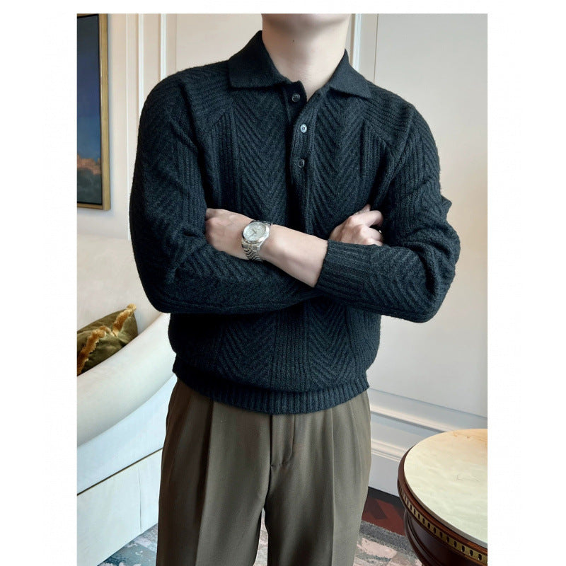 Herren Polokragen-Zopfstrick-Pullover mit halber Knopfleiste Shop Nory