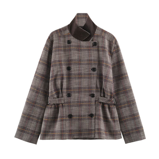 Damen Kurze Doppelreihige Taillierte Karo-Jacke mit Stehkragen und Taillenriegeln Shop Nory