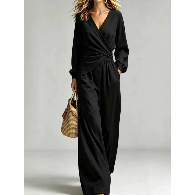 Damen Wickel-Jumpsuit mit weitem Bein und V-Ausschnitt Shop Nory