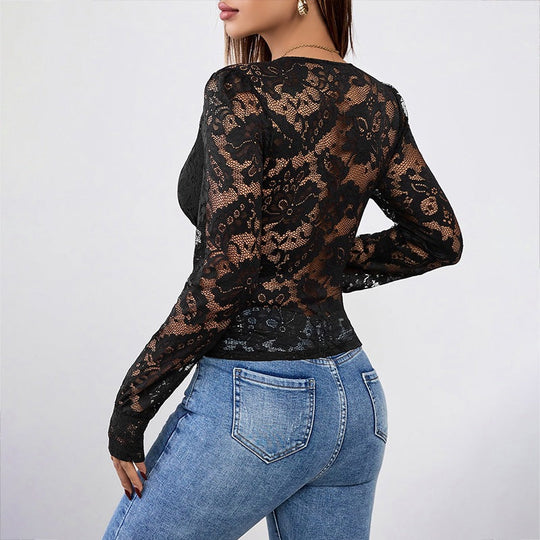 Damen Spitzenbluse mit tiefem V-Ausschnitt und langen Ärmeln